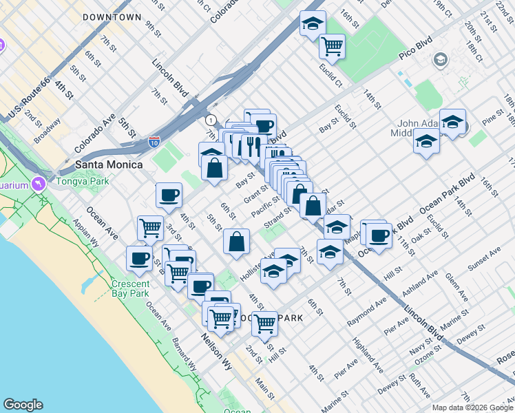 map of restaurants, bars, coffee shops, grocery stores, and more near 650 Pacific Street in Santa Monica