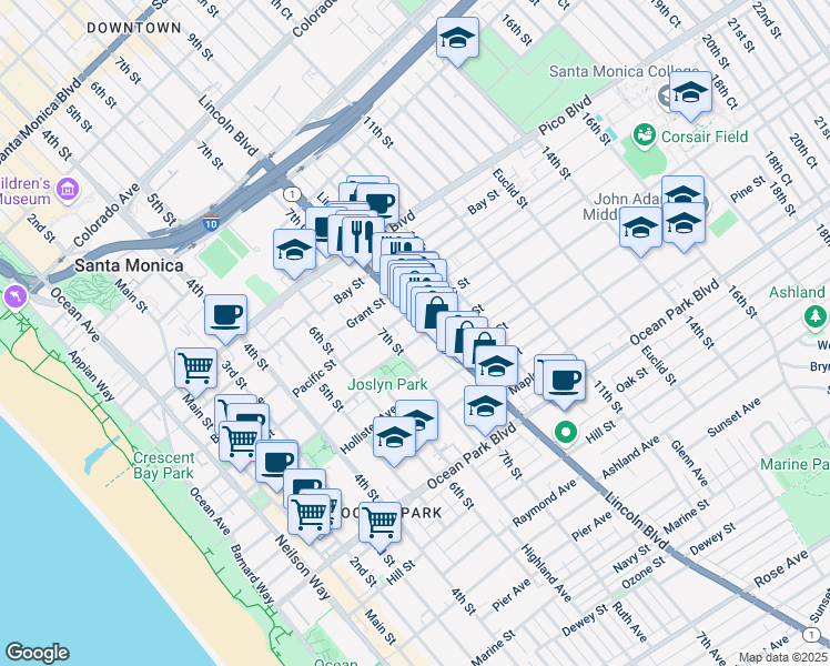 map of restaurants, bars, coffee shops, grocery stores, and more near 727 Strand Street in Santa Monica
