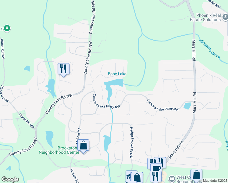 map of restaurants, bars, coffee shops, grocery stores, and more near 2370 Camden Lake Circle Northwest in Acworth