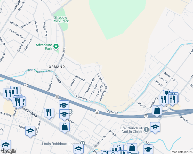 map of restaurants, bars, coffee shops, grocery stores, and more near 5923 Paramount Drive in Riverside