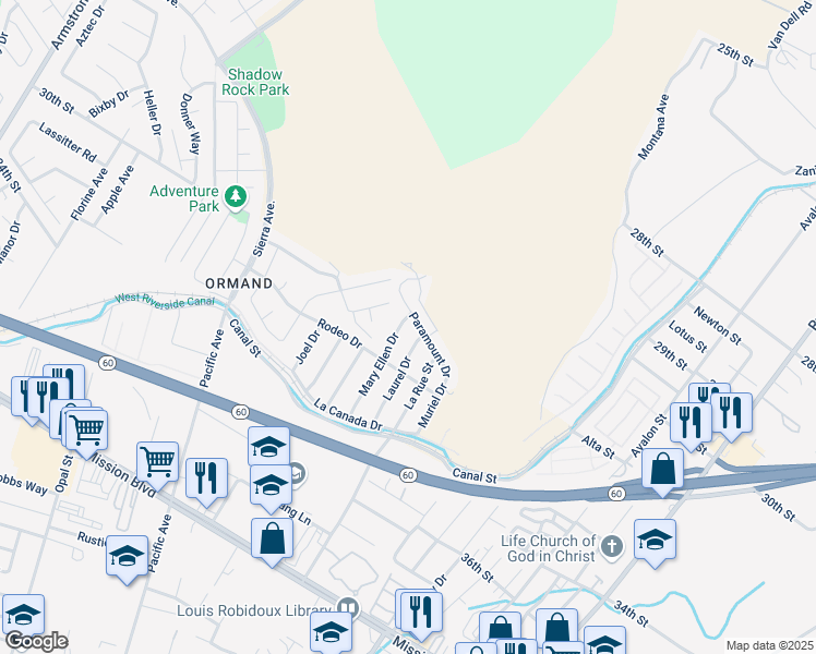 map of restaurants, bars, coffee shops, grocery stores, and more near 5923 Paramount Drive in Riverside