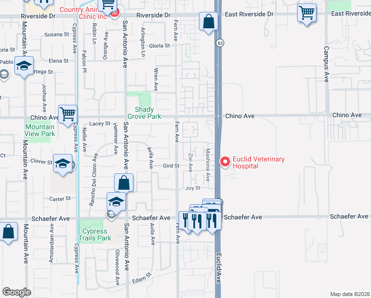 map of restaurants, bars, coffee shops, grocery stores, and more near 13450 Gold Medal Avenue in Chino
