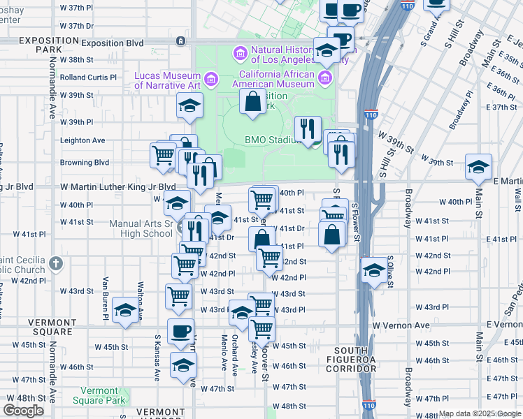 map of restaurants, bars, coffee shops, grocery stores, and more near 4104 South Hoover Street in Los Angeles