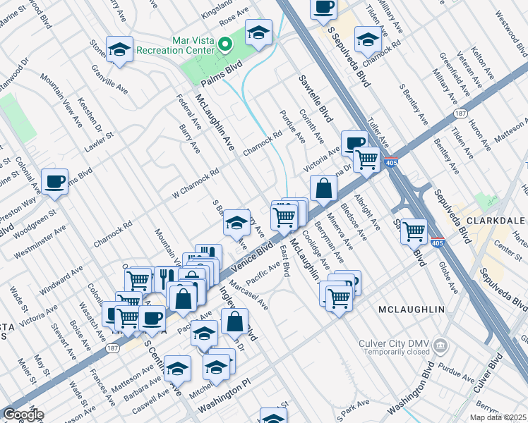 map of restaurants, bars, coffee shops, grocery stores, and more near 3718 Barry Avenue in Los Angeles