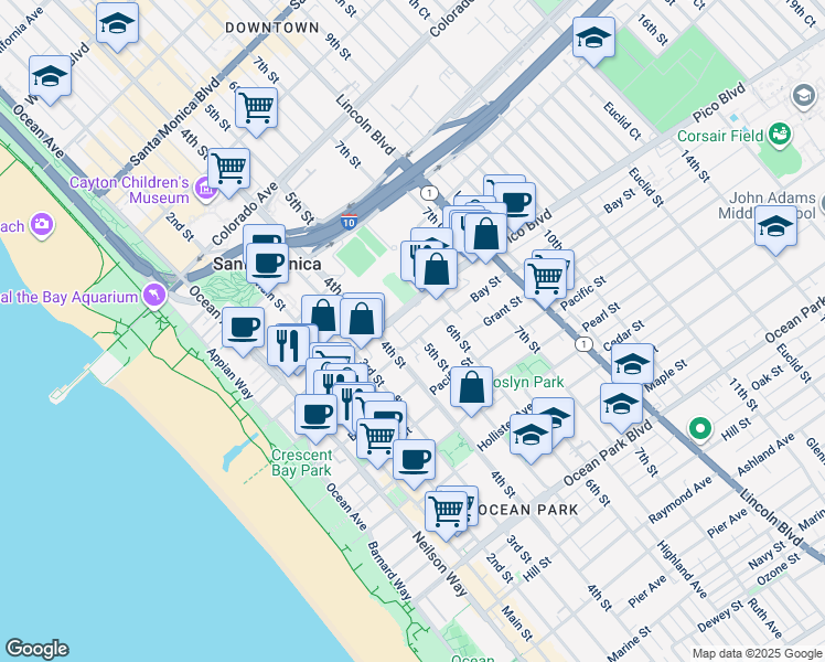 map of restaurants, bars, coffee shops, grocery stores, and more near 1917 4th Street in Santa Monica