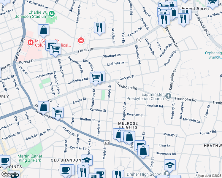 map of restaurants, bars, coffee shops, grocery stores, and more near 1527 Gladden Street in Columbia