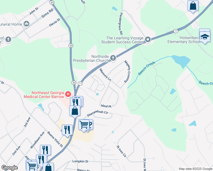 map of restaurants, bars, coffee shops, grocery stores, and more near 807 Ideal Place in Winder