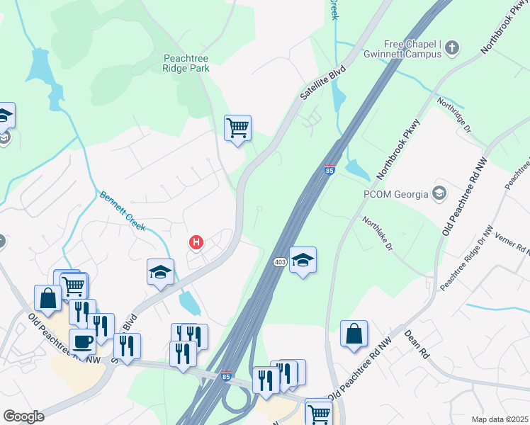 map of restaurants, bars, coffee shops, grocery stores, and more near 1220 Satellite Boulevard in Suwanee