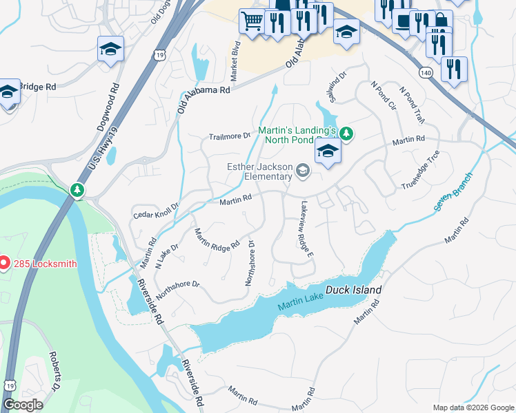map of restaurants, bars, coffee shops, grocery stores, and more near 1200 Martin Ridge Road in Roswell