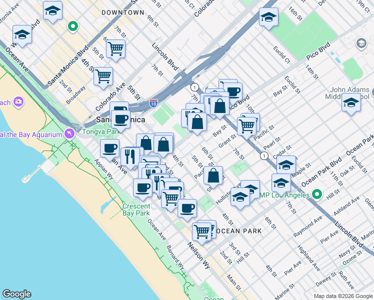 map of restaurants, bars, coffee shops, grocery stores, and more near 443 Bay Street in Santa Monica