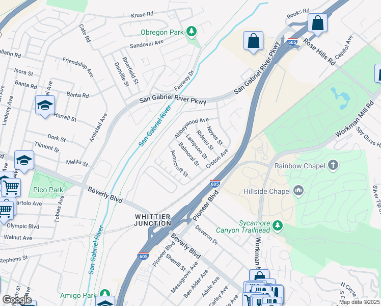 map of restaurants, bars, coffee shops, grocery stores, and more near 9925 Balmoral Street in Whittier