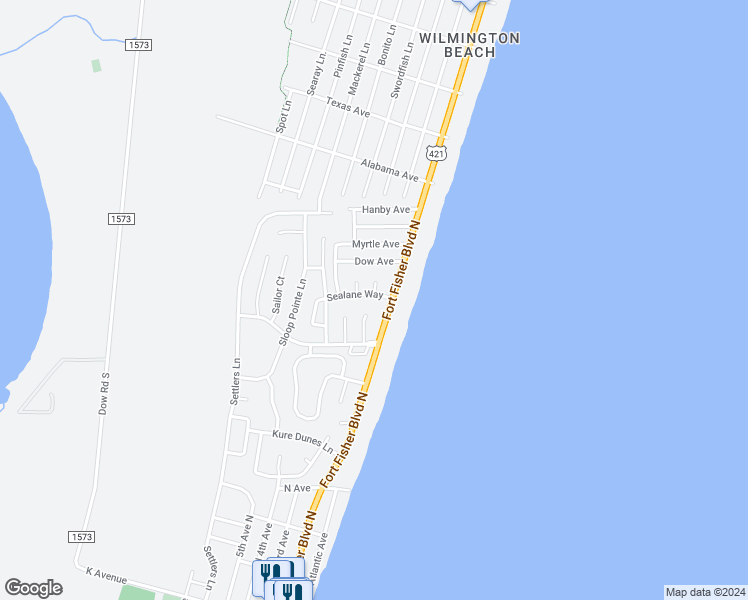 map of restaurants, bars, coffee shops, grocery stores, and more near 205 Sealane Way in Kure Beach