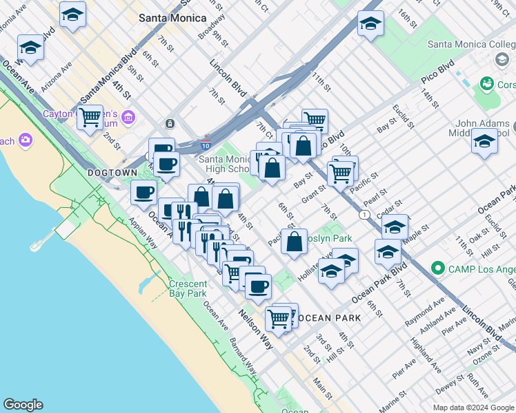 map of restaurants, bars, coffee shops, grocery stores, and more near 443 Bay Street in Santa Monica