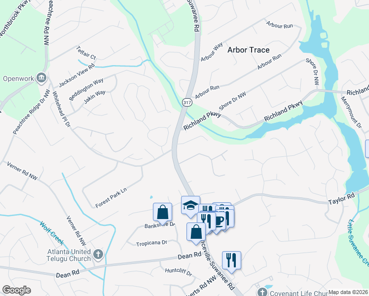 map of restaurants, bars, coffee shops, grocery stores, and more near 570 Clear Lake Lane in Suwanee
