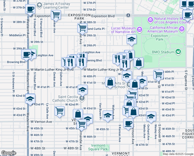 map of restaurants, bars, coffee shops, grocery stores, and more near 1244 West 40th Place in Los Angeles