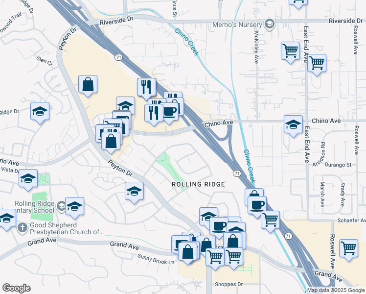 map of restaurants, bars, coffee shops, grocery stores, and more near 3197 Skyview Ridge in Chino Hills