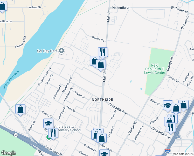 map of restaurants, bars, coffee shops, grocery stores, and more near 3842 Carter Avenue in Riverside
