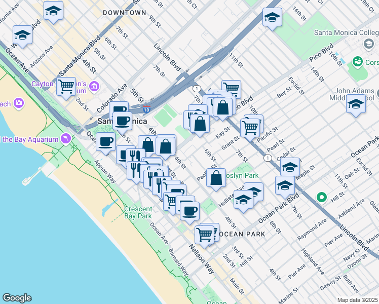 map of restaurants, bars, coffee shops, grocery stores, and more near 1917 4th Street in Santa Monica
