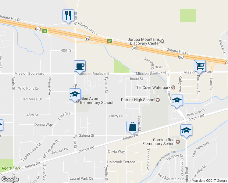 map of restaurants, bars, coffee shops, grocery stores, and more near 4316 Tyrolite Street in Riverside