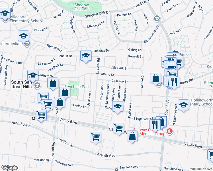 map of restaurants, bars, coffee shops, grocery stores, and more near 421 Lochmere Avenue in La Puente