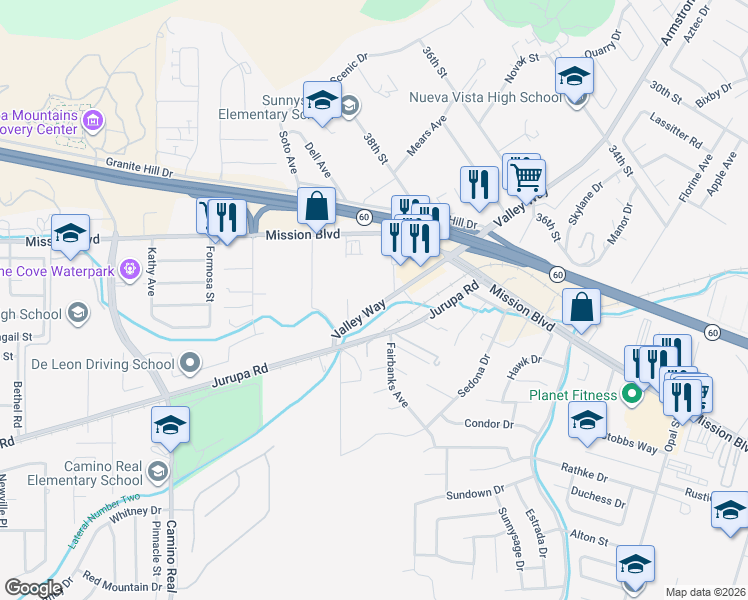 map of restaurants, bars, coffee shops, grocery stores, and more near 7057 Valley Way in Riverside