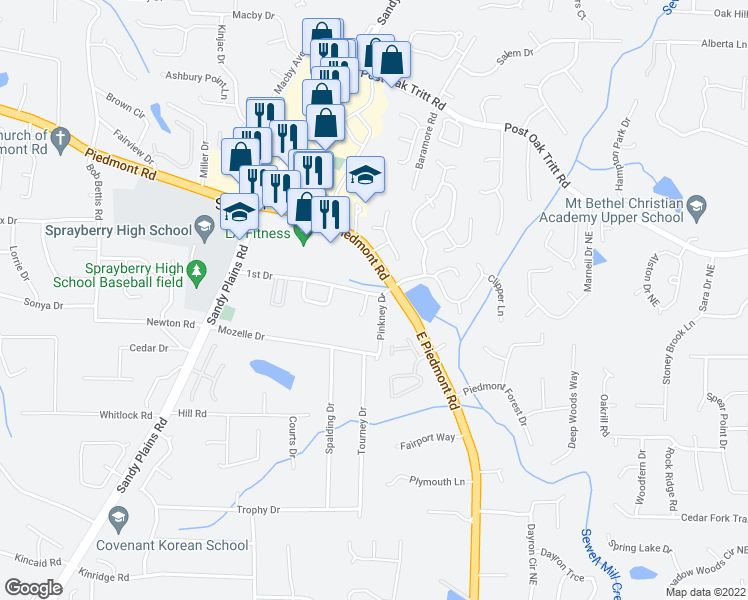map of restaurants, bars, coffee shops, grocery stores, and more near 2016 Grove Park Court in Marietta