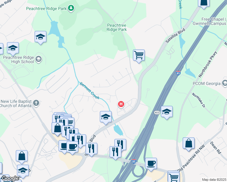 map of restaurants, bars, coffee shops, grocery stores, and more near 2670 Factor Walk Boulevard in Suwanee