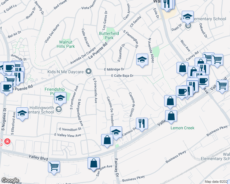 map of restaurants, bars, coffee shops, grocery stores, and more near 370 Camino De Teodoro in Walnut