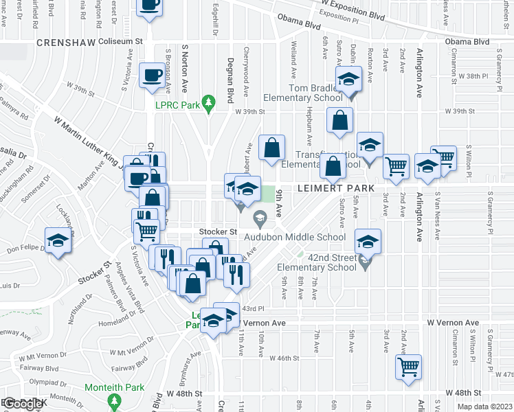 map of restaurants, bars, coffee shops, grocery stores, and more near 4120 11th Avenue in Los Angeles