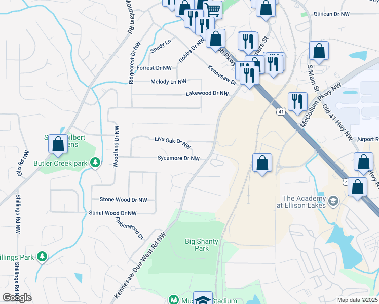 map of restaurants, bars, coffee shops, grocery stores, and more near 1891 Live Oak Drive Northwest in Kennesaw