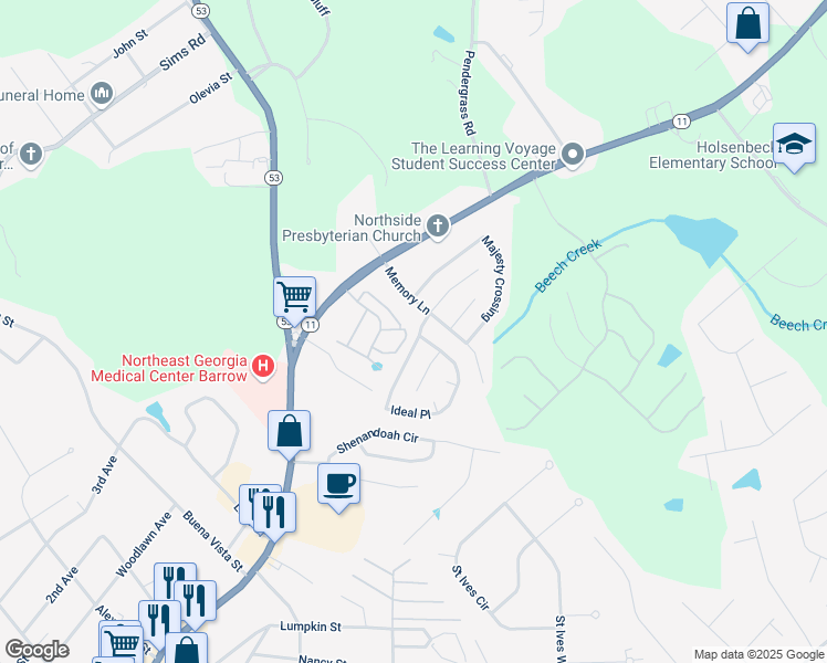 map of restaurants, bars, coffee shops, grocery stores, and more near 807 Ideal Place in Winder