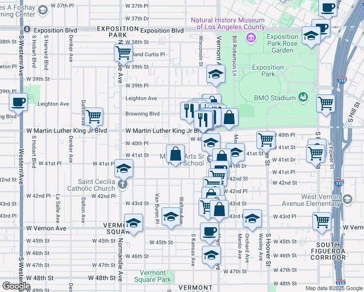 map of restaurants, bars, coffee shops, grocery stores, and more near 1116 West 40th Place in Los Angeles