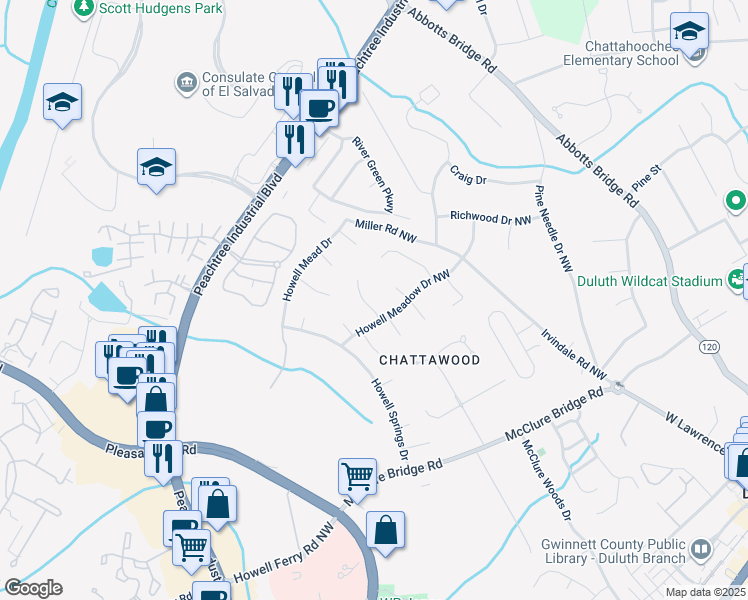 map of restaurants, bars, coffee shops, grocery stores, and more near 3977 Heathmoor Court in Duluth