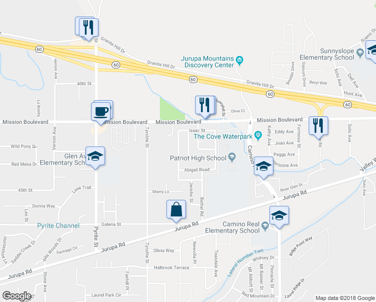 map of restaurants, bars, coffee shops, grocery stores, and more near 4331 Solomon Street in Riverside