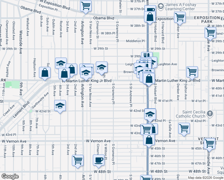 map of restaurants, bars, coffee shops, grocery stores, and more near 1900 West 41st Street in Los Angeles