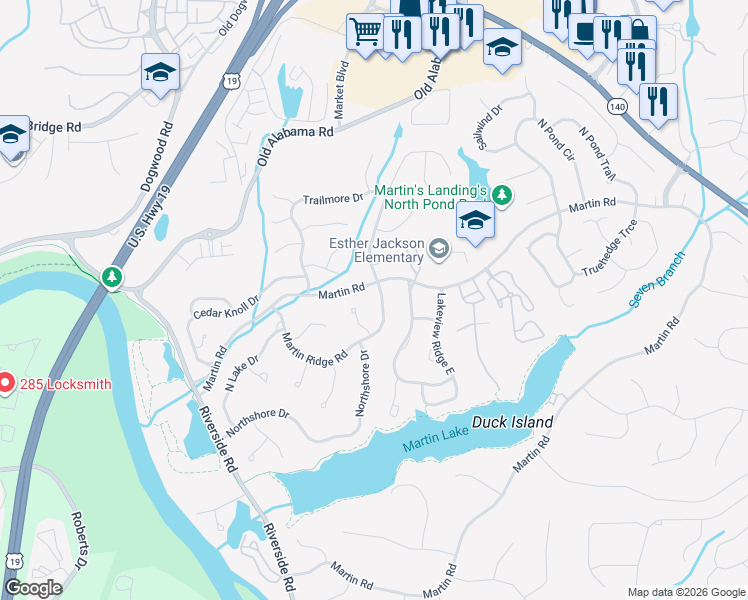map of restaurants, bars, coffee shops, grocery stores, and more near 1200 Martin Ridge Road in Roswell
