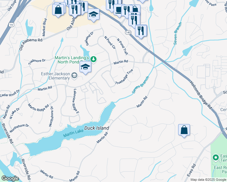 map of restaurants, bars, coffee shops, grocery stores, and more near 130 Floss Flower Court in Roswell