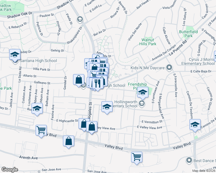 map of restaurants, bars, coffee shops, grocery stores, and more near 19107 East Elberland Street in West Covina