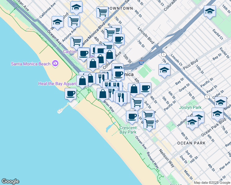 map of restaurants, bars, coffee shops, grocery stores, and more near in Santa Monica