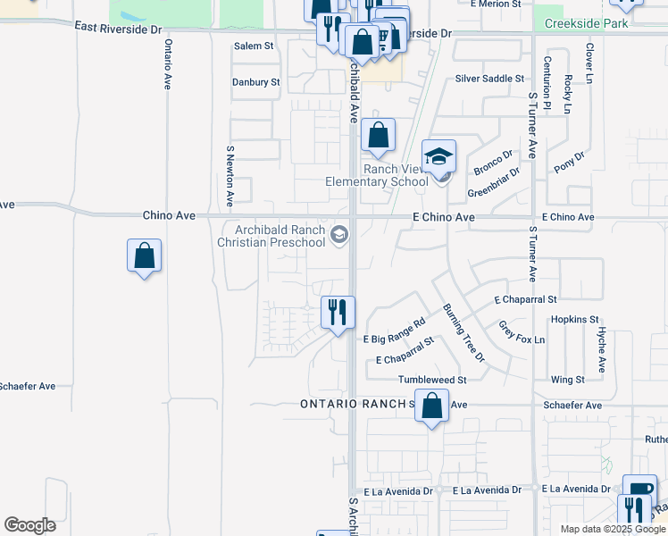 map of restaurants, bars, coffee shops, grocery stores, and more near 2684 East Towhee Street in Ontario
