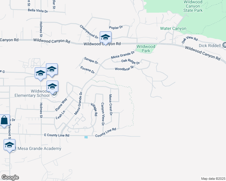 map of restaurants, bars, coffee shops, grocery stores, and more near 13405 Mesa Crest Drive in Yucaipa