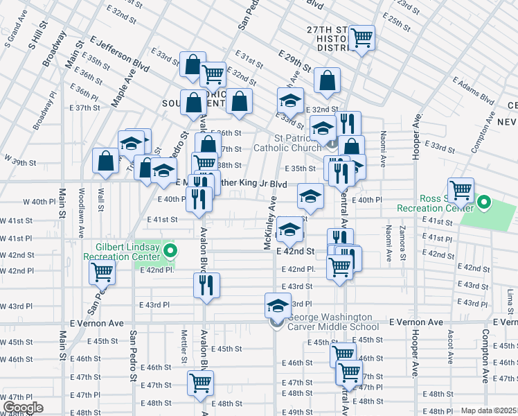 map of restaurants, bars, coffee shops, grocery stores, and more near 788 East 40th Place in Los Angeles