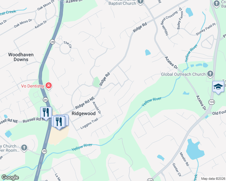 map of restaurants, bars, coffee shops, grocery stores, and more near 939 Park Knoll Court Northeast in Lawrenceville