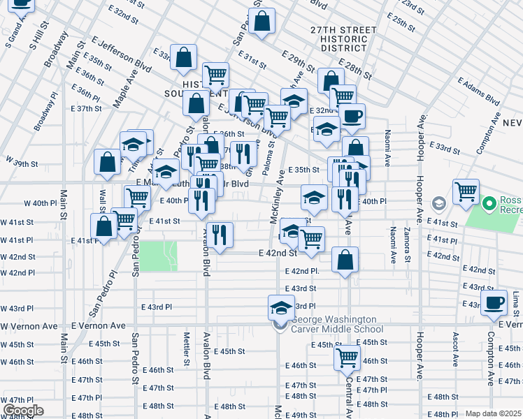 map of restaurants, bars, coffee shops, grocery stores, and more near 788 East 40th Place in Los Angeles