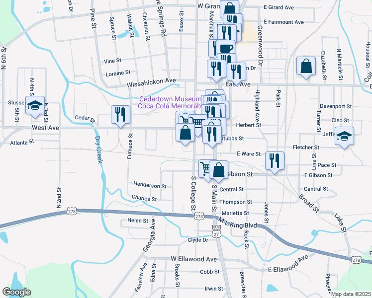 map of restaurants, bars, coffee shops, grocery stores, and more near 420 South College Street in Cedartown