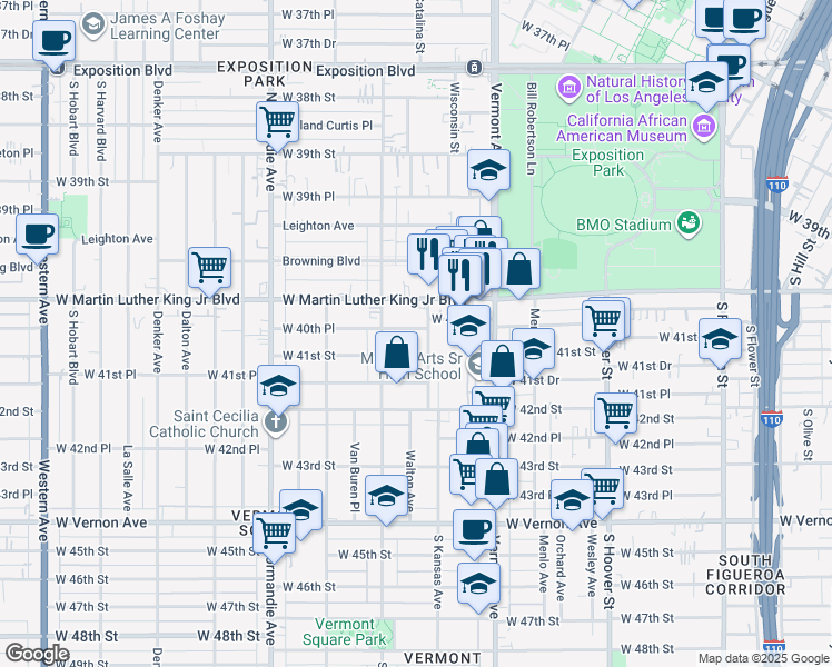 map of restaurants, bars, coffee shops, grocery stores, and more near 1112 West 40th Place in Los Angeles