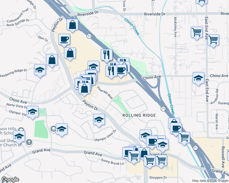 map of restaurants, bars, coffee shops, grocery stores, and more near 13350 Evening Song Place in Chino Hills