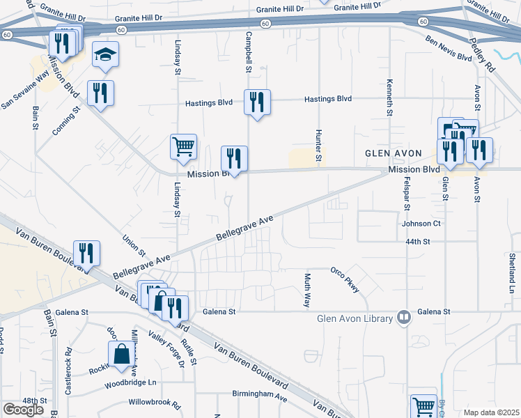 map of restaurants, bars, coffee shops, grocery stores, and more near 4322 Campbell Street in Riverside