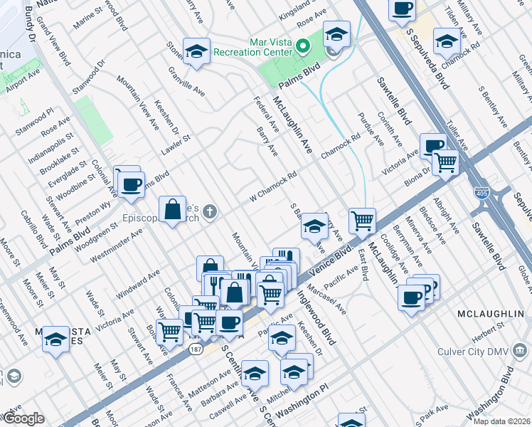 map of restaurants, bars, coffee shops, grocery stores, and more near 11948 Modjeska Place in Los Angeles