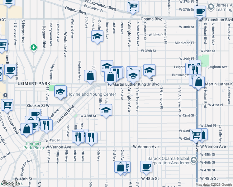 map of restaurants, bars, coffee shops, grocery stores, and more near 4130 3rd Avenue in Los Angeles